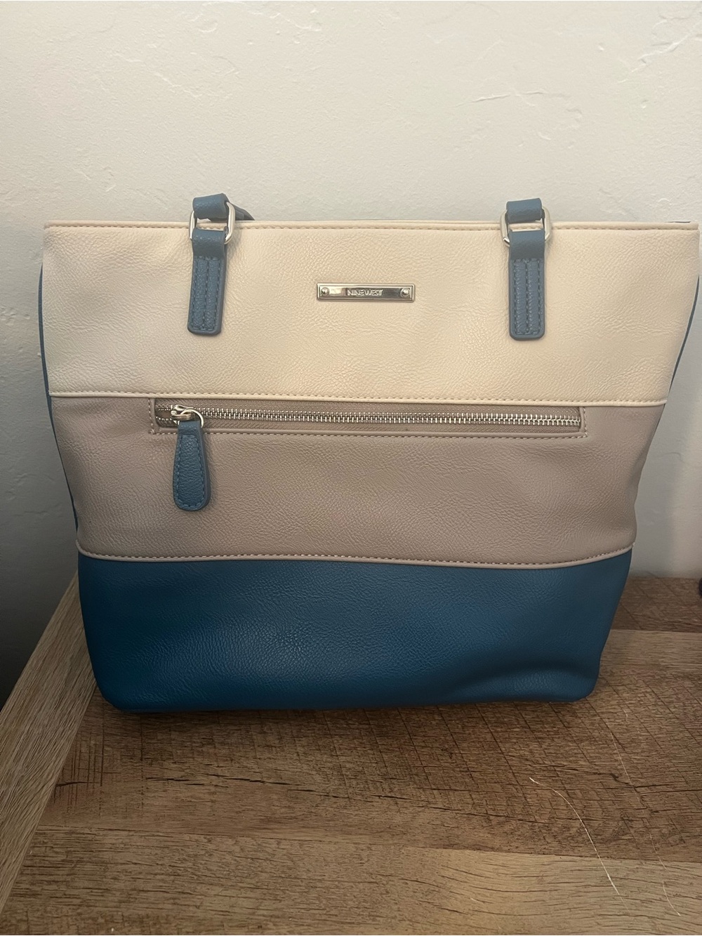 Nine West Tri-Tone Tote in Blue, Cream, and Tan Purse